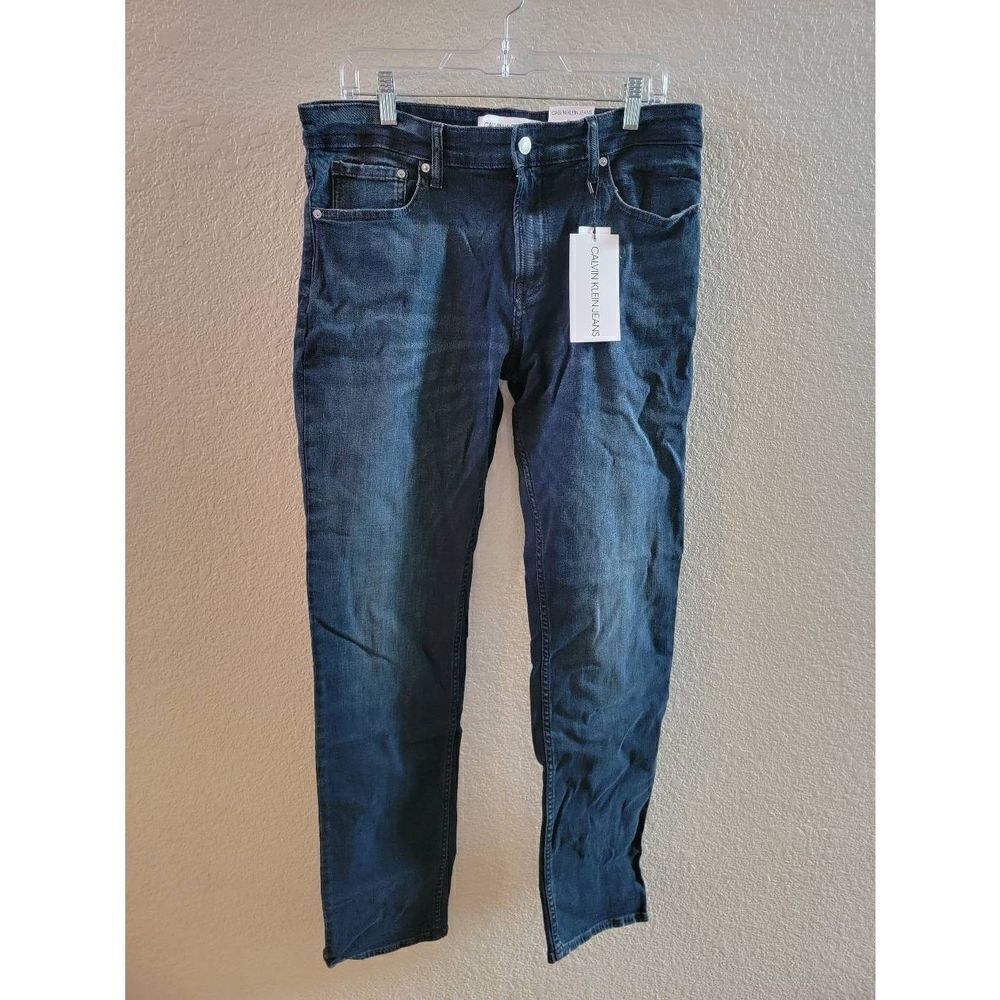 Calvin Klein Men's Dark Wash Blue Straight Leg Slim Denim Jeans Size 34 NWT